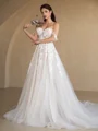 A-Line/Princess Tulle Applique Off-the-Shoulder Sleeveless Chapel Train Wedding Dresses