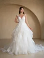 Ball Gown Tulle Applique V-Neck Sleeveless Court Train Wedding Dresses