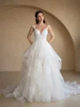 Ball Gown Tulle Applique V-Neck Sleeveless Court Train Wedding Dresses