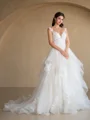 Ball Gown Tulle Applique V-Neck Sleeveless Court Train Wedding Dresses