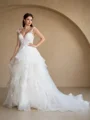 Ball Gown Tulle Applique V-Neck Sleeveless Court Train Wedding Dresses