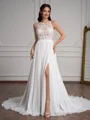 A-Line/Princess Chiffon Lace Scoop Sleeveless Sweep Train Wedding Dresses