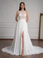 A-Line/Princess Chiffon Lace Scoop Sleeveless Sweep Train Wedding Dresses