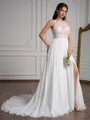 A-Line/Princess Chiffon Lace Scoop Sleeveless Sweep Train Wedding Dresses