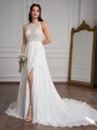 A-Line/Princess Chiffon Lace Scoop Sleeveless Sweep Train Wedding Dresses