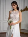 A-Line/Princess Chiffon Lace Scoop Sleeveless Sweep Train Wedding Dresses