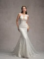Sheath/Column Stretch Crepe Lace Scoop Sleeveless Court Train Wedding Dresses