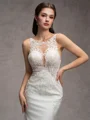 Sheath/Column Stretch Crepe Lace Scoop Sleeveless Court Train Wedding Dresses