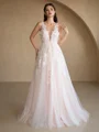 A-Line/Princess Tulle Applique Scoop Sleeveless Sweep Train Wedding Dresses
