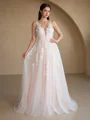 A-Line/Princess Tulle Applique Scoop Sleeveless Sweep Train Wedding Dresses