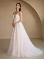 A-Line/Princess Tulle Applique Scoop Sleeveless Sweep Train Wedding Dresses