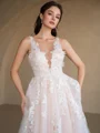 A-Line/Princess Tulle Applique Scoop Sleeveless Sweep Train Wedding Dresses