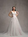 A-Line/Princess Tulle Lace V-Neck Sleeveless Court Train Wedding Dresses