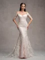 Sheath/Column Lace Off-the-Shoulder Long Sleeves Court Train Wedding Dresses