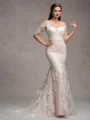 Sheath/Column Lace Off-the-Shoulder Long Sleeves Court Train Wedding Dresses