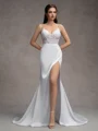 Sheath/Column Charmeuse Lace V-Neck Sleeveless Court Train Wedding Dresses