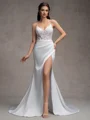 Sheath/Column Charmeuse Lace V-Neck Sleeveless Court Train Wedding Dresses