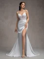 Sheath/Column Charmeuse Lace V-Neck Sleeveless Court Train Wedding Dresses