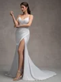 Sheath/Column Charmeuse Lace V-Neck Sleeveless Court Train Wedding Dresses