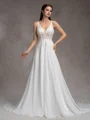 A-Line/Princess Chiffon Lace V-Neck Sleeveless Court Train Wedding Dresses