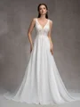 A-Line/Princess Chiffon Lace V-Neck Sleeveless Court Train Wedding Dresses