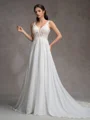 A-Line/Princess Chiffon Lace V-Neck Sleeveless Court Train Wedding Dresses