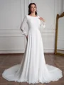 A-Line/Princess Chiffon Lace Scoop Long Sleeves Court Train Wedding Dresses