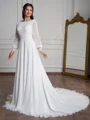 A-Line/Princess Chiffon Lace Scoop Long Sleeves Court Train Wedding Dresses