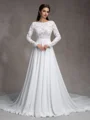 A-Line/Princess Chiffon Lace Scoop Long Sleeves Court Train Wedding Dresses