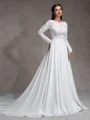 A-Line/Princess Chiffon Lace Scoop Long Sleeves Court Train Wedding Dresses