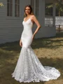 Sheath V-neck Appliques Lace Court Train Lace Wedding Dress