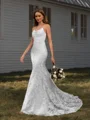 Sheath V-neck Appliques Lace Court Train Lace Wedding Dress