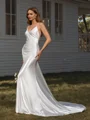 Sheath V-neck Pleated Court Train Silk Like Satin Wedding Dress