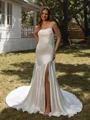 Sheath Spaghetti Straps Pleated Chapel Train Silk Like Satin Wedding Dress