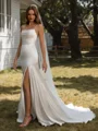 Sheath Spaghetti Straps Pleated Chapel Train Silk Like Satin Wedding Dress