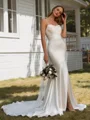 Sheath Spaghetti Straps Pleated Chapel Train Silk Like Satin Wedding Dress