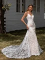Sheath V-neck Appliques Lace Chapel Train Lace Wedding Dress