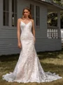 Sheath V-neck Appliques Lace Chapel Train Lace Wedding Dress