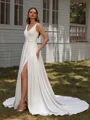 A-line V-neck Pleated Chapel Train Stretch Crepe Wedding Dress