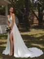 A-line V-neck Pleated Chapel Train Stretch Crepe Wedding Dress
