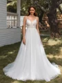 A-line V-neck Appliques Lace Chapel Train Tulle Wedding Dress