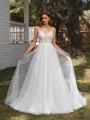 A-line V-neck Appliques Lace Chapel Train Tulle Wedding Dress