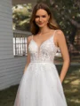 A-line V-neck Appliques Lace Chapel Train Tulle Wedding Dress