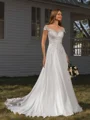 A-line Off-the-Shoulder Appliques Lace Cathedral Train Chiffon Wedding Dress