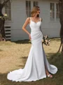 Sheath V-neck Pleated Court Train Stretch Crepe Wedding Dress