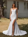 Sheath V-neck Pleated Court Train Stretch Crepe Wedding Dress