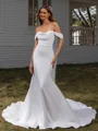 Sheath Off-the-Shoulder Pleated Cathedral Train Stretch Crepe Wedding Dress