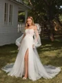 A-line Off-the-Shoulder Long Sleeves Appliques Lace Chapel Train Tulle Corset Convertible Wedding Dress
