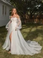 A-line Off-the-Shoulder Long Sleeves Appliques Lace Chapel Train Tulle Corset Convertible Wedding Dress