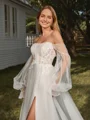 A-line Off-the-Shoulder Long Sleeves Appliques Lace Chapel Train Tulle Corset Convertible Wedding Dress